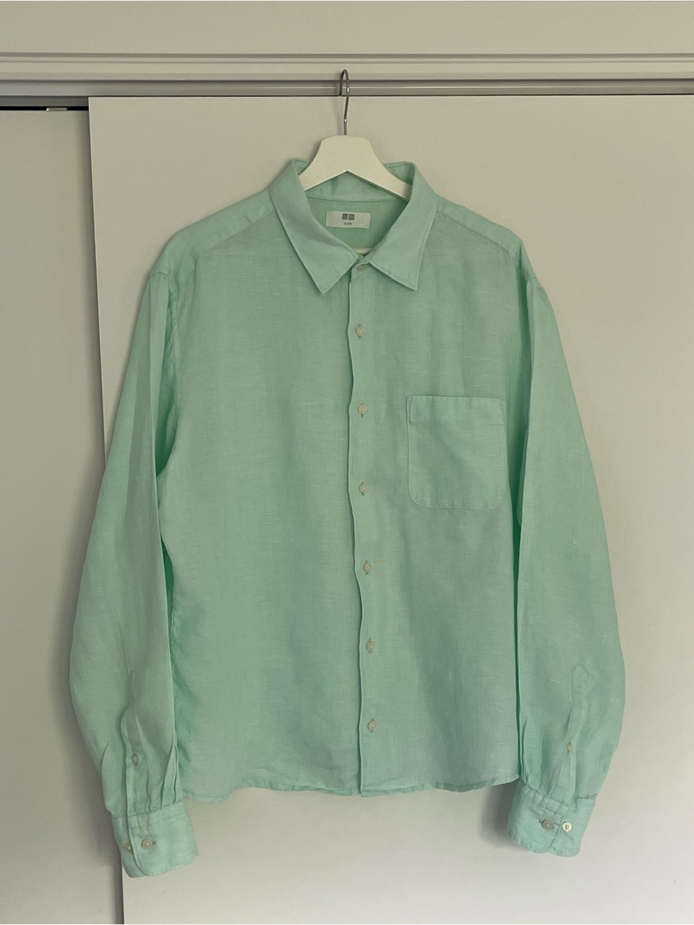 NEW Uniqlo Light Mint Button-Down Long Sleeve Shirt Unisex Short length Casual - Picture 5 of 12